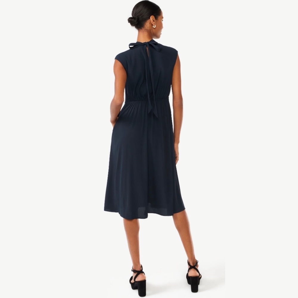 🆕 Twist Neck Midi Little Black Dress LBD with Pockets & Bow Size L
